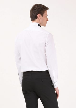 Beyaz Düz Fitted Fit Duble Manşet Ata Yaka Smokin Gömlek