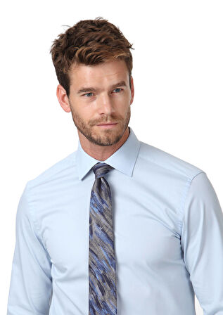 Mavi Düz Fitted Fit Dokuma Klasik Pamuk Karışımlı Gömlek