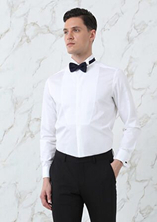 Beyaz Düz Regular Fit Duble Manşet Ata Yaka Smokin Gömlek