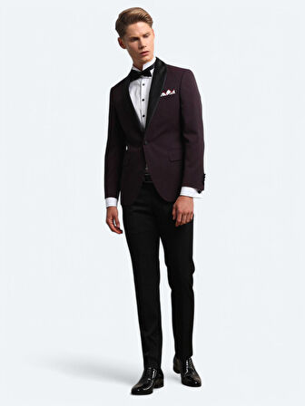Bordo Slim Fit Şal Yaka Dokuma Smokin Takım Elbise