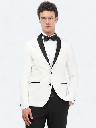 Ekru Düz Slim Fit Şal Yaka Dokuma Smokin Takım Elbise