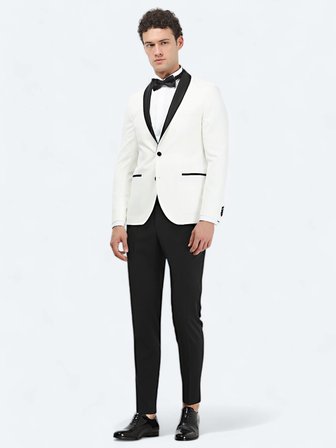 Ekru Düz Slim Fit Şal Yaka Dokuma Smokin Takım Elbise