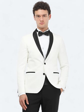 Ekru Düz Slim Fit Şal Yaka Dokuma Smokin Takım Elbise