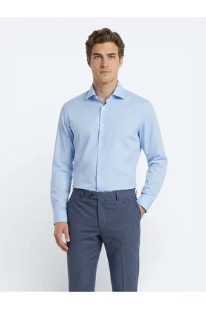 Mavi Düz Slim Fit Dokuma Klasik %100 Pamuk Gömlek