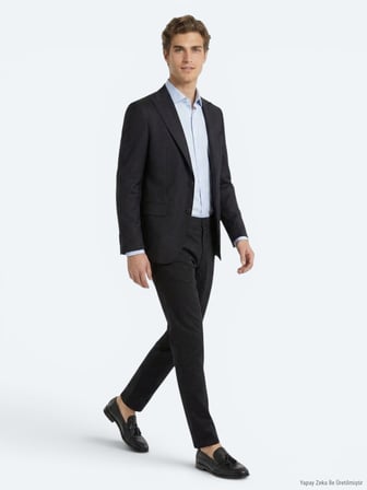 Lacivert Düz Modern Fit Yün Karışımlı Takım Elbise
