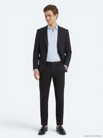 Lacivert Düz Modern Fit Yün Karışımlı Takım Elbise