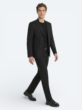 Siyah Düz Modern Fit Yün Karışımlı Takım Elbise