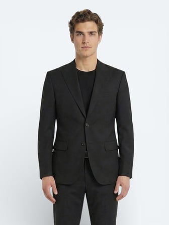 Siyah Düz Modern Fit Yün Karışımlı Takım Elbise