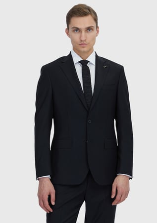 Siyah Düz Modern Fit Yün Karışımlı Takım Elbise