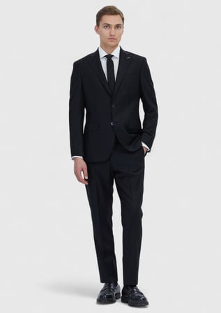 Siyah Düz Modern Fit Yün Karışımlı Takım Elbise