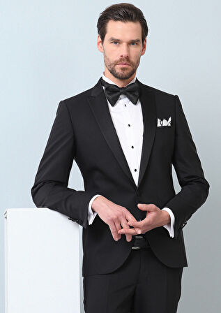 Siyah Düz Slim Fit Kruvaze Yaka Dokuma Smokin Takım Elbise