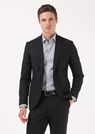 Siyah Düz Slim Fit Yün Karışımlı Takım Elbise