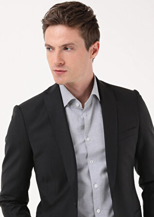 Siyah Düz Slim Fit Yün Karışımlı Takım Elbise