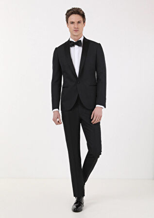 Siyah Mikro Fashion Slim Fit Kruvaze Yaka Dokuma Smokin Takım Elbise