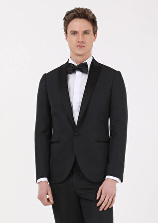 Siyah Mikro Fashion Slim Fit Kruvaze Yaka Dokuma Smokin Takım Elbise