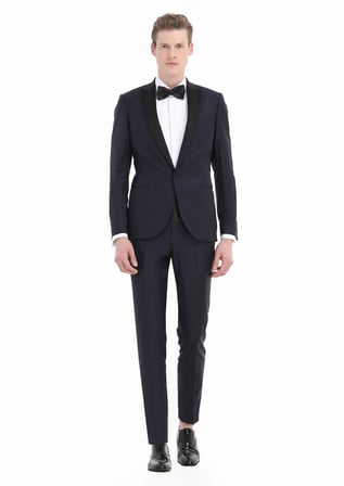 Lacivert Düz Fashion Slim Fit Kruvaze Yaka Dokuma Smokin Takım Elbise