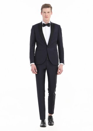 Lacivert Düz Fashion Slim Fit Kruvaze Yaka Dokuma Smokin Takım Elbise