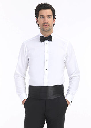 Beyaz Düz Slim Fit Duble Manşet Klasik Yaka Smokin Gömlek