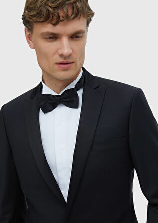 Siyah Düz Fashion Slim Fit Kruvaze Yaka Dokuma Smokin Takım Elbise