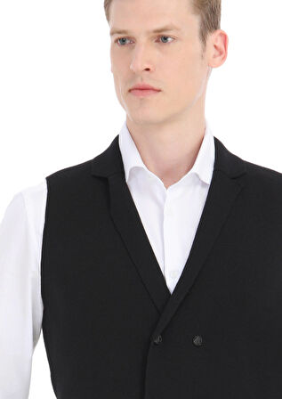 Siyah Regular Fit Kelebek Yaka Casual Örme Triko Yelek