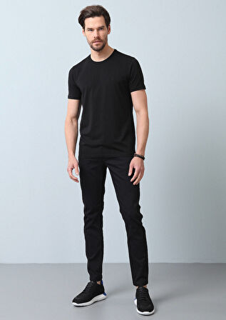 Siyah Düz Pamuk Karışımlı T-Shirt