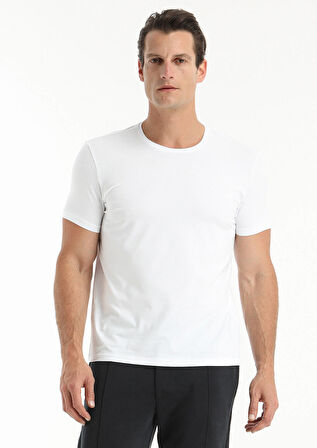 Beyaz Düz Pamuk Karışımlı T-Shirt