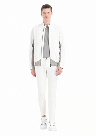 Beyaz Regular Fit Dik Yaka Casual Dokuma Mont