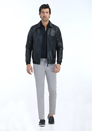 Siyah Regular Fit Gömlek Yaka Casual Deri Deri Mont