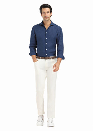 Ekru Düz Dokuma Slim Fit Casual Pamuk Karışımlı Pantolon