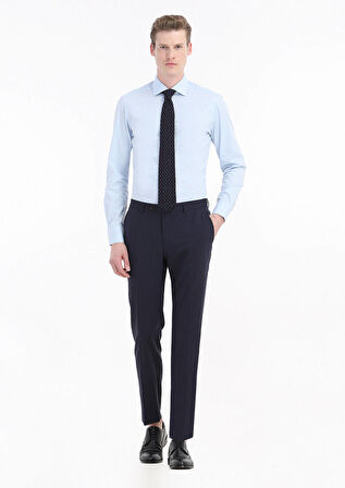 Mavi Düz Slim Fit Dokuma Klasik Pamuk Karışımlı Gömlek