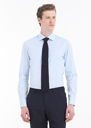 Mavi Düz Slim Fit Dokuma Klasik Pamuk Karışımlı Gömlek