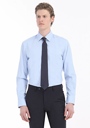 Mavi Düz Regular Fit Dokuma Klasik Pamuk Karışımlı Gömlek