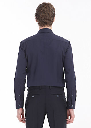 Lacivert Düz Regular Fit Dokuma Klasik Pamuk Karışımlı Gömlek