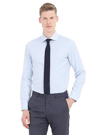 Açık Mavi Düz Slim Fit Dokuma Klasik Pamuk Karışımlı Gömlek