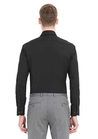 Siyah Düz Slim Fit Dokuma Klasik Pamuk Karışımlı Gömlek