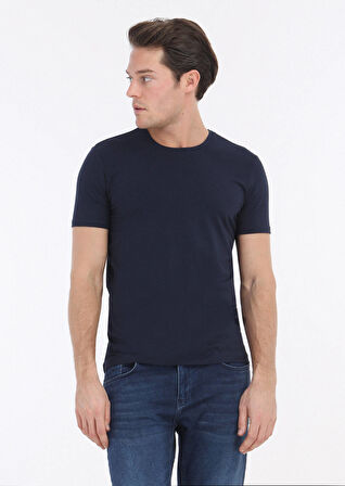 Lacivert Düz Pamuk Karışımlı T-Shirt