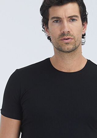 Siyah Düz Pamuk Karışımlı T-Shirt