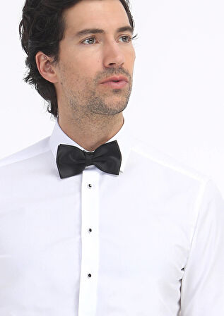 Beyaz Düz Slim Fit Duble Manşet Klasik Yaka Smokin Gömlek