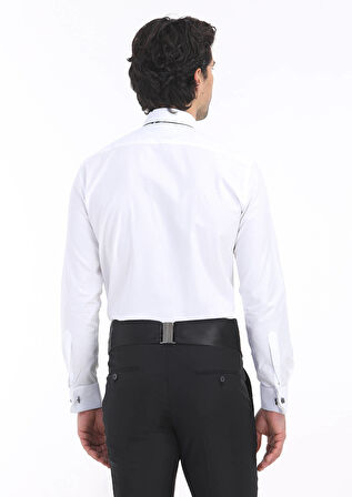 Beyaz Düz Slim Fit Duble Manşet Klasik Yaka Smokin Gömlek