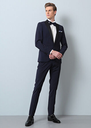 Saks Düz Fashion Slim Fit Kruvaze Yaka Dokuma Smokin Takım Elbise