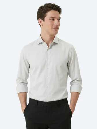 Gri Düz Slim Fit Uzun Dokuma Klasik %100 Pamuk Gömlek