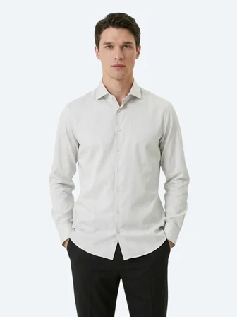 Gri Düz Slim Fit Uzun Dokuma Klasik %100 Pamuk Gömlek