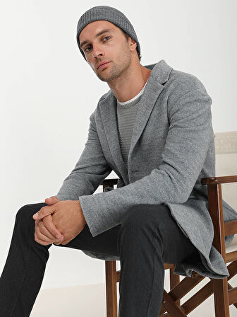 Gri Loose Fit Kelebek Yaka Klasik Örme Palto