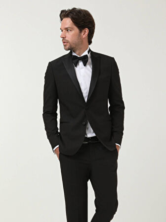 Siyah Desenli Slim Fit Kruvaze Yaka Dokuma Smokin Takım Elbise