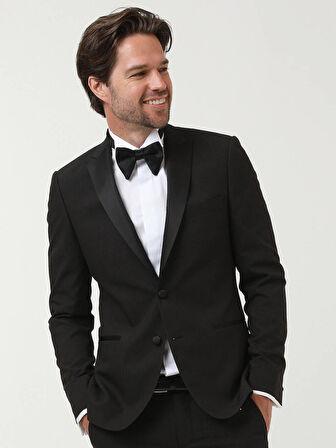 Siyah Desenli Slim Fit Kruvaze Yaka Dokuma Smokin Takım Elbise