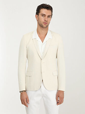 Ekru Düz Slim Fit Örme Ceket