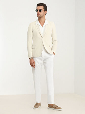 Ekru Düz Slim Fit Örme Ceket