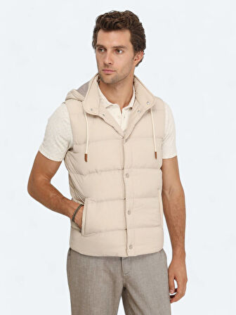 Bej Regular Fit Kapüşonlu Casual Dokuma Spor Yelek