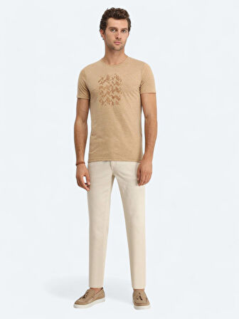 Deve Tüyü Baskılı Bisiklet Yaka Keten Karışımlı T-Shirt