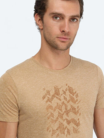 Deve Tüyü Baskılı Bisiklet Yaka Keten Karışımlı T-Shirt